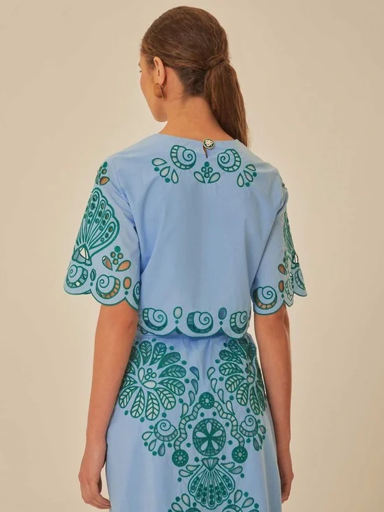 Farm Rio Light Blue And Green Graphic Richelieu Crop Top - Picture 3 of 9